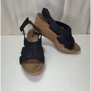 Clarks Collection Soft Cushion Navy Leather Cork Wedge Sandals Women's Size 8